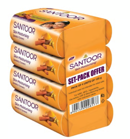 Santoor Skin Moisturising Sandal & Turmeric Soap - Pack of 4